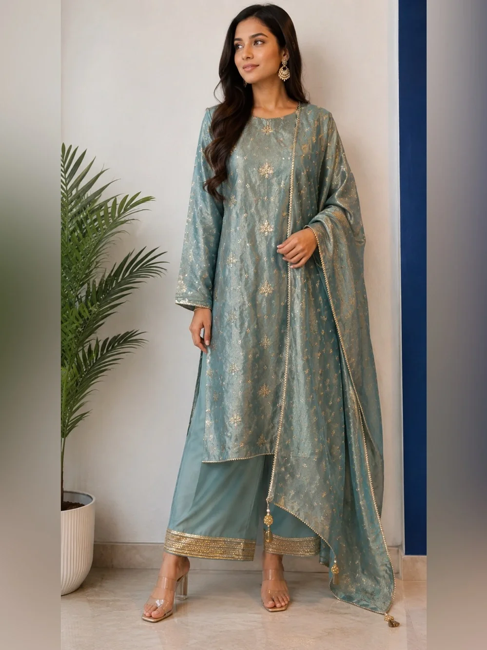 Beautiful Embroidered Eid/party wear outfit Set with Gold Accents